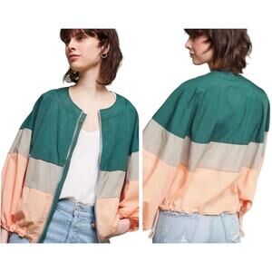 Anthropologie Elevenses Green Peach Tan Colorblock Windbreaker Jacket XS Small